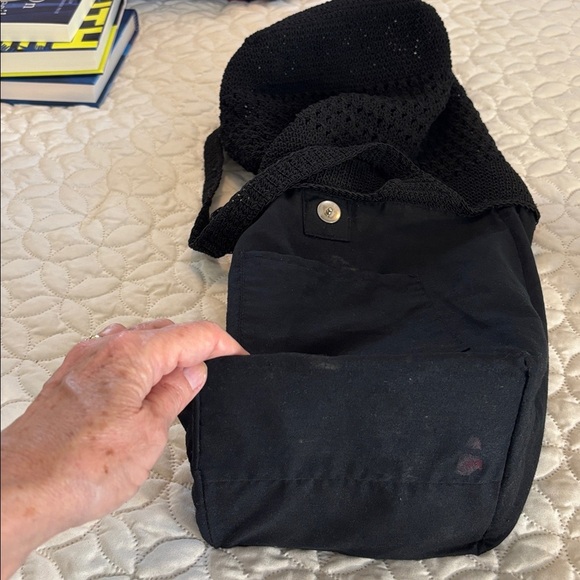 Black Slouch Crochet Knit Shoulder Bag with Snap Closure and inside Open Pocket - Picture 10 of 12